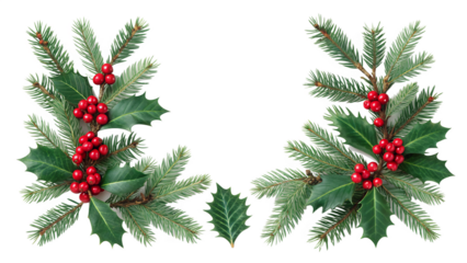 Two isolated decorative holiday elements featuring green fir branches, bright red holly berries, and fresh green holly leaves arranged as elegant corners for festive designs.