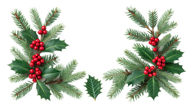 Two isolated decorative holiday elements featuring green fir branches, bright red holly berries, and fresh green holly leaves arranged as elegant corners for festive designs. - Powered by Adobe