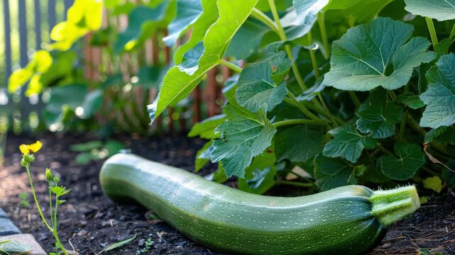 Large green zucchini in garden setting among leaves