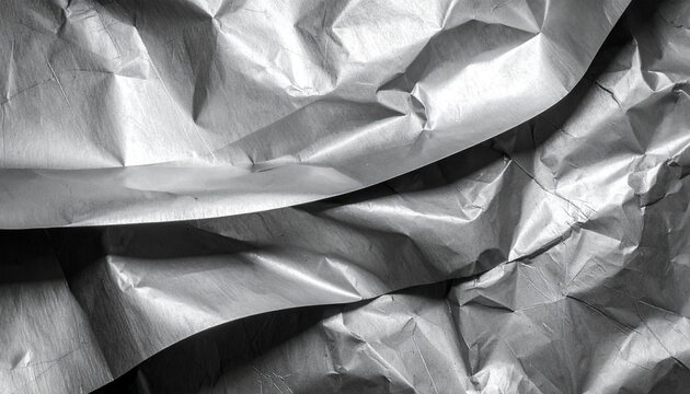 Abstract crumpled silver foil texture background with dramatic shadows and highlights, metallic paper surface, wrinkled aluminum sheet pattern, shiny grey material for design elements