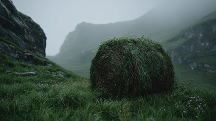 Large mossy bale resting on a vibrant green hillside under a misty, cloudy sky