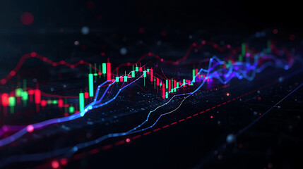 Financial stock market data analysis with candlestick chart and futuristic glow representing investment trends and economic indicators