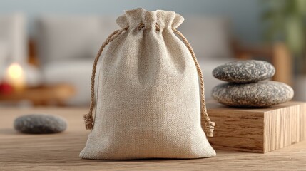 Linen drawstring pouch, smooth stones, wooden block on table, cozy blurred background