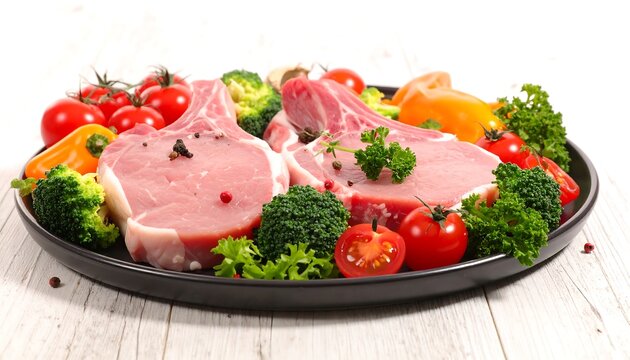 A black plate on a white wood surface. It contains raw meat chops, tomatoes, broccoli, peppers, and parsley