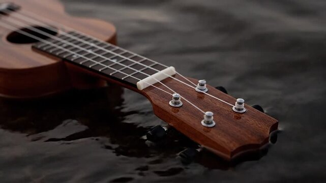 Ukulele close-up on surface, strings and tuning pegs in focus
