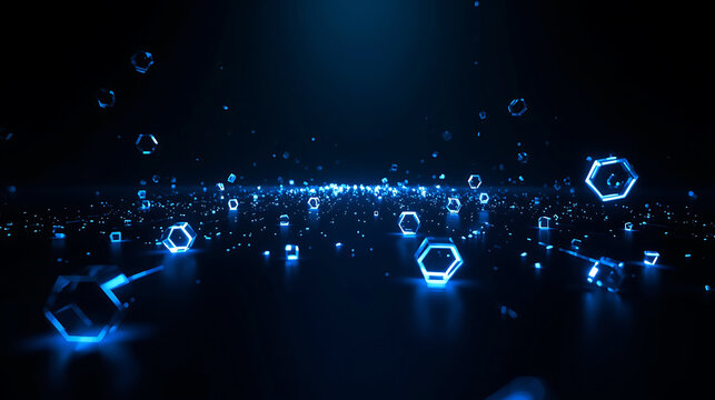 Futuristic blue hexagon structures floating above reflective surface in dark digital landscape background