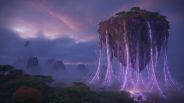 Floating islands with bioluminescent waterfalls at dusk