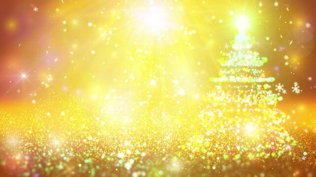 クリスマス　キラキラ　雪の結晶　ループ動画　豪華　高級感　ポップ　おしゃれ　光る　パーティクル　ラメ　降雪　抽象的　枠　Christmas gold background.Glittering Christmas tree.Shining light,snowflakes and glowing stars.Loop video.