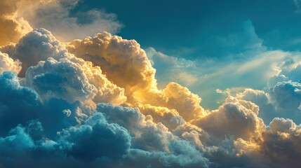 Majestic sky golden sunlight illuminates dramatic clouds against deep blue hues