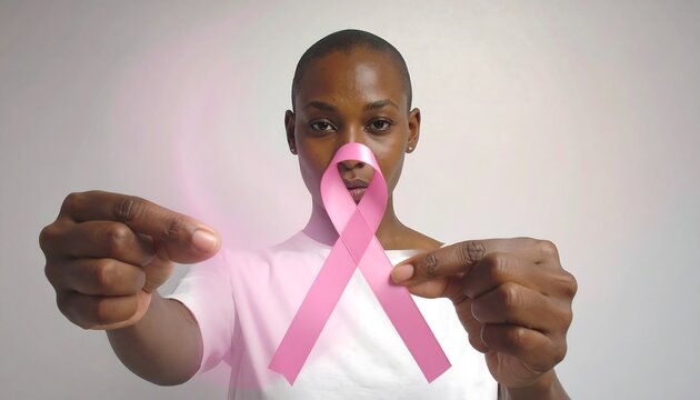 A Black woman holds up a pink ribbon, central to frame, in front of a white background. She is wearing a white shirt - Powered by Adobe