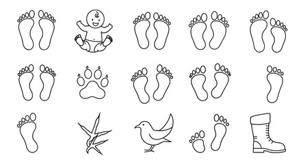 Collection of outline footprint icons, including baby footprints, adult footprints, paw prints, bird tracks, and a boot, perfect for graphic and web design, apps, adverts, and various cards