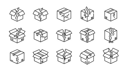 Set of line art icons depicting damaged and broken cardboard boxes, symbolizing shipping issues, delivery problems, and product damage. These versatile graphics are ideal for concepts related to