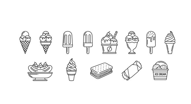 Collection of thin line icons representing various ice cream desserts, including cones, popsicles, sundaes, banana splits, ice cream sandwiches, and tubs, suitable for web, books, cards, and apps