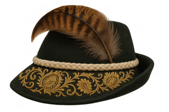 Tyrolean hat, traditional bavarian or alpine felt costume for oktoberfest celebration, a cultural festival accessory with feather
