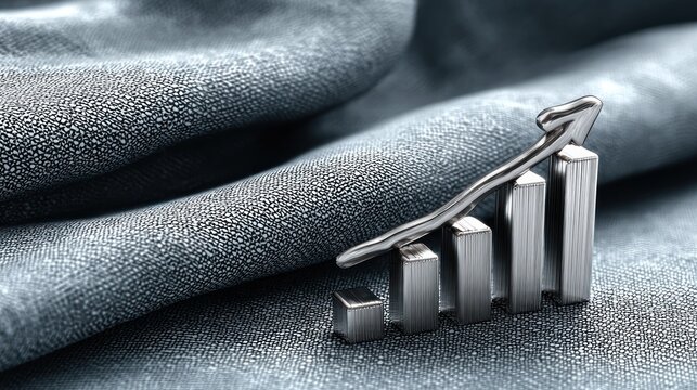 Metallic 3D bar chart with an ascending arrow on a textured grey background, symbolizing progress