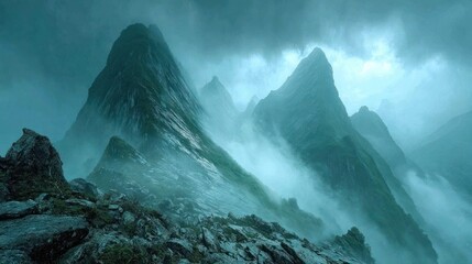 Misty, jagged mountain peaks rise dramatically through dark, ominous clouds and fog