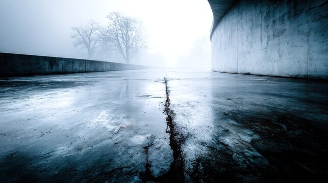 Misty path, cracked concrete reflects hazy light, bare trees disappear into thick fog