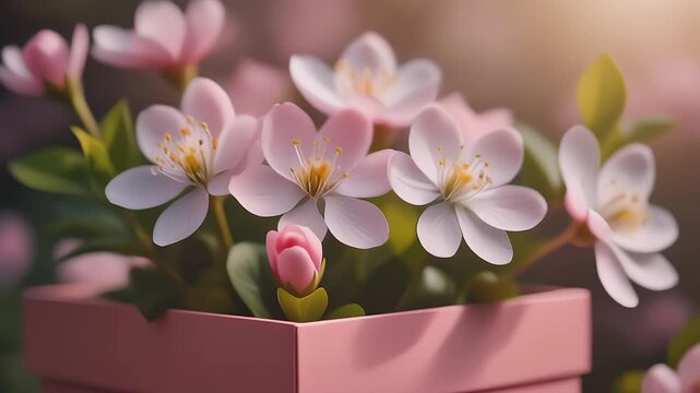 Delicate pink flower buds and fresh green leaves blooming from a soft pink gift box.