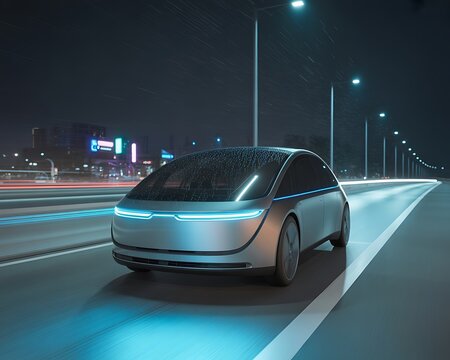Futuristic silver autonomous car driving on a wet road at night