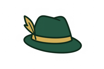 Tyrolean hat symbol with feather and golden band, classic bavarian alpine costume element for oktoberfest celebration