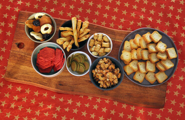 Christmas themed dishes on Christmas Table cloth