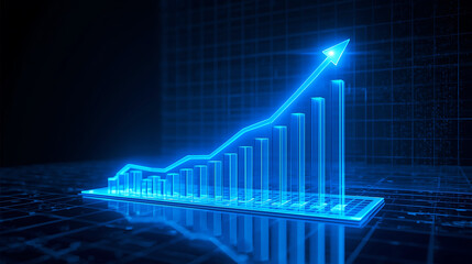 Glowing neon blue business graph showing upward trend and financial growth on grid background