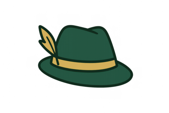 Tyrolean hat symbol with feather and golden band, classic bavarian alpine costume element for oktoberfest celebration