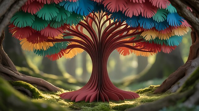 Vibrant, colorful tree of life in a mystical forest setting