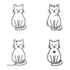 Set of four simple cat outline icons in vector style, featuring clean minimalist line drawings of sitting cats with subtle details and elegant design