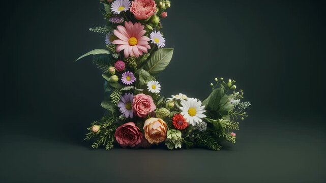 The letter 'L' beautifully crafted from an arrangement of various colorful flowers and green leaves against a dark background.