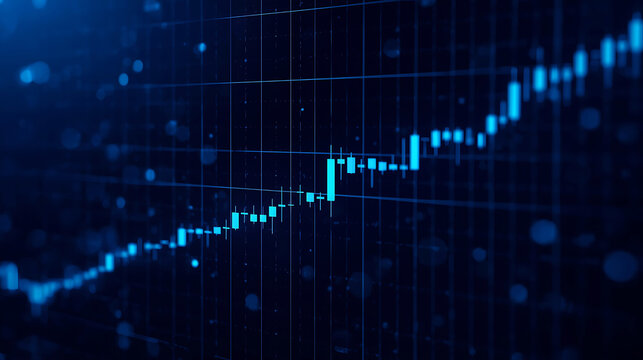 Stock market chart trending upward on a dark blue glowing background with digital particles