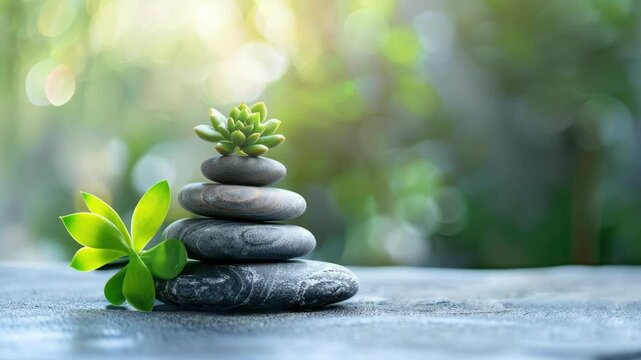 Zen garden with stacked stones and succulent plant, promoting calm balance in nature
