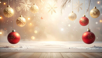 Festive Christmas Background with Red and Gold Ornaments Hanging Over Snowy Wooden Floor and Soft Bokeh Lights