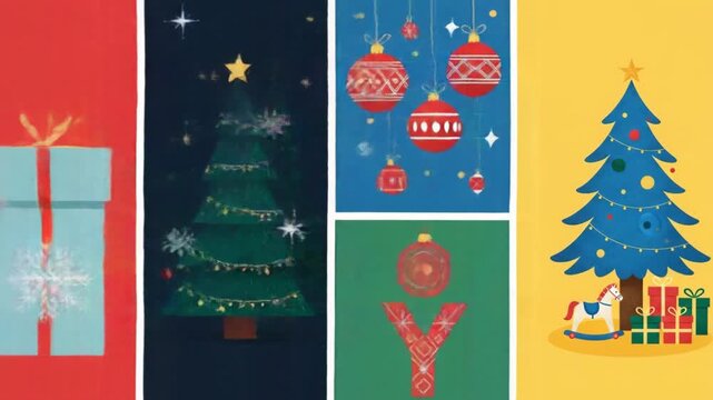 Festive Christmas Decorations and Holiday Symbols in Colorful Illustrations.