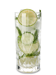Glass of mojito with cucumber, lime and ice on white background