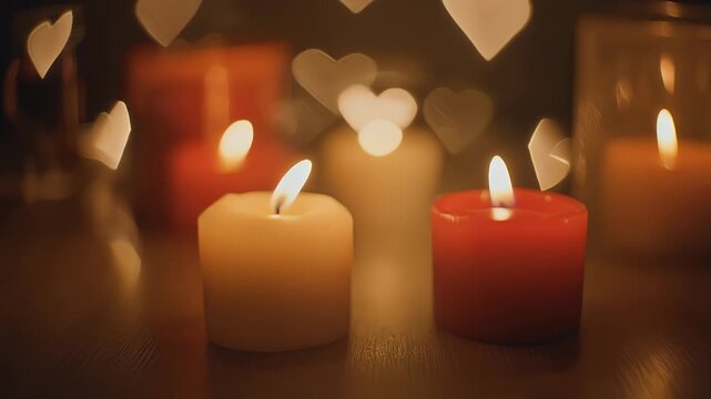A warm and romantic atmosphere created by lit candles with glowing, heart-shaped bokeh lights in a dimly lit background.