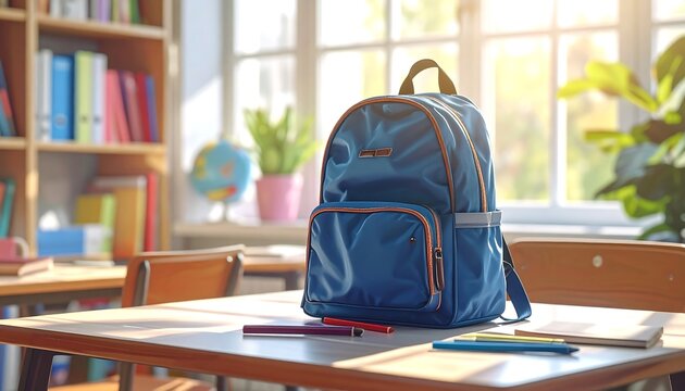 A blue backpack sits atop a school desk, illuminated by sunlight from a window. Bookshelves and a globe fill the background