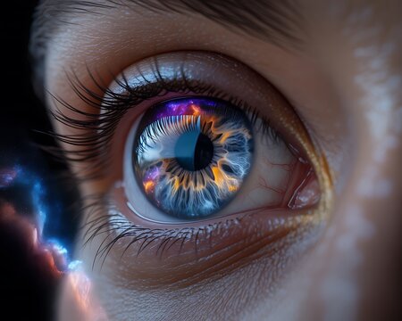 Closeup of a human eye reflecting cosmic nebulae and starlight