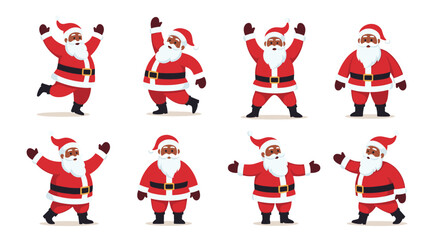 A collection of cheerful African American Santa Claus characters in various joyful poses, perfect for holiday greetings and festive designs.
