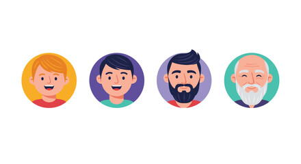 A series of four animated male faces representing different ages from childhood to old age, showcasing the stages of life and generational diversity.