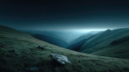 Rolling grassy hills and deep valleys under a dark starry night sky with distant light