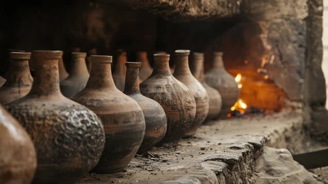 Row of handcrafted clay pots being fired in traditional kiln