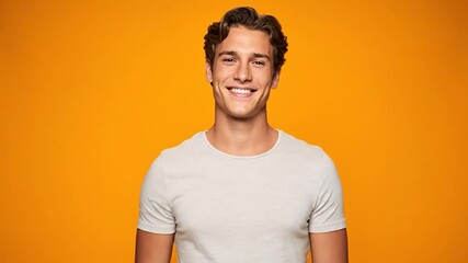 Smiling man points up, wearing a t-shirt, against a bright orange background - Powered by Adobe