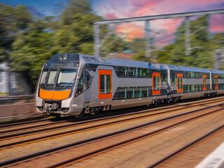 Fototapeta premium Passenger Train going through Summer Hill train station a suburban Sydney train Station NSW Australia