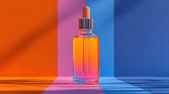 Sleek clear dropper bottle, colorful liquid, vibrant partitioned background with shadows
