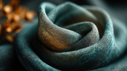 Soft teal fabric artfully folded into a rose-like shape, showing texture and golden light