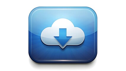 Obraz premium Blue glossy icon depicting a white cloud with a downward pointing arrow