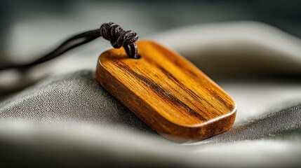 Striped wood pendant with dark cord on soft fabric, natural light, shallow depth of field