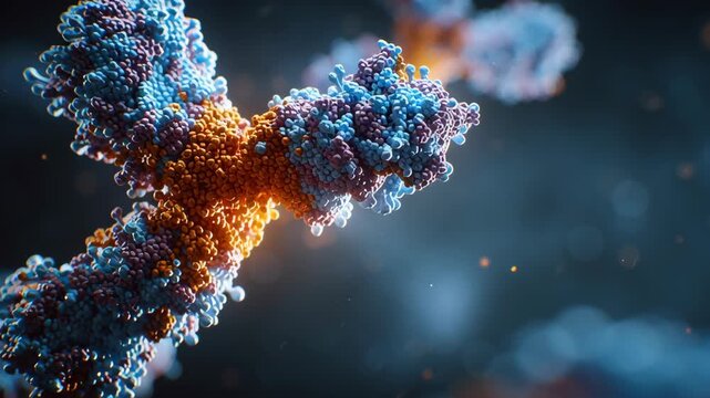Macro shot Y shaped antibody molecule interacting with target cell membrane, hyper sterile clinical visualization, monoclonal antibody therapy