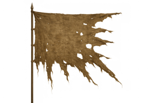 Tattered worn medieval banner on a pole, displaying ruin, historical decay, and forgotten legend, transparent background